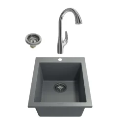 BOCCHI Campino Uno 16" Rectangle Granite Bar/Prep Sink Kit with Faucet and Accessories, Concrete Gray (sink) / Chrome (faucet) , 1608-506-2024CH