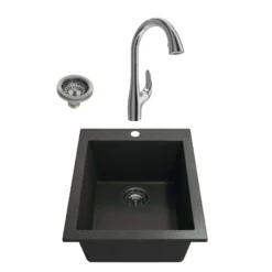 BOCCHI Campino Uno 16" Rectangle Granite Bar/Prep Sink Kit with Faucet and Accessories, Metallic Black (sink) / Chrome (faucet), 1608-505-2024CH