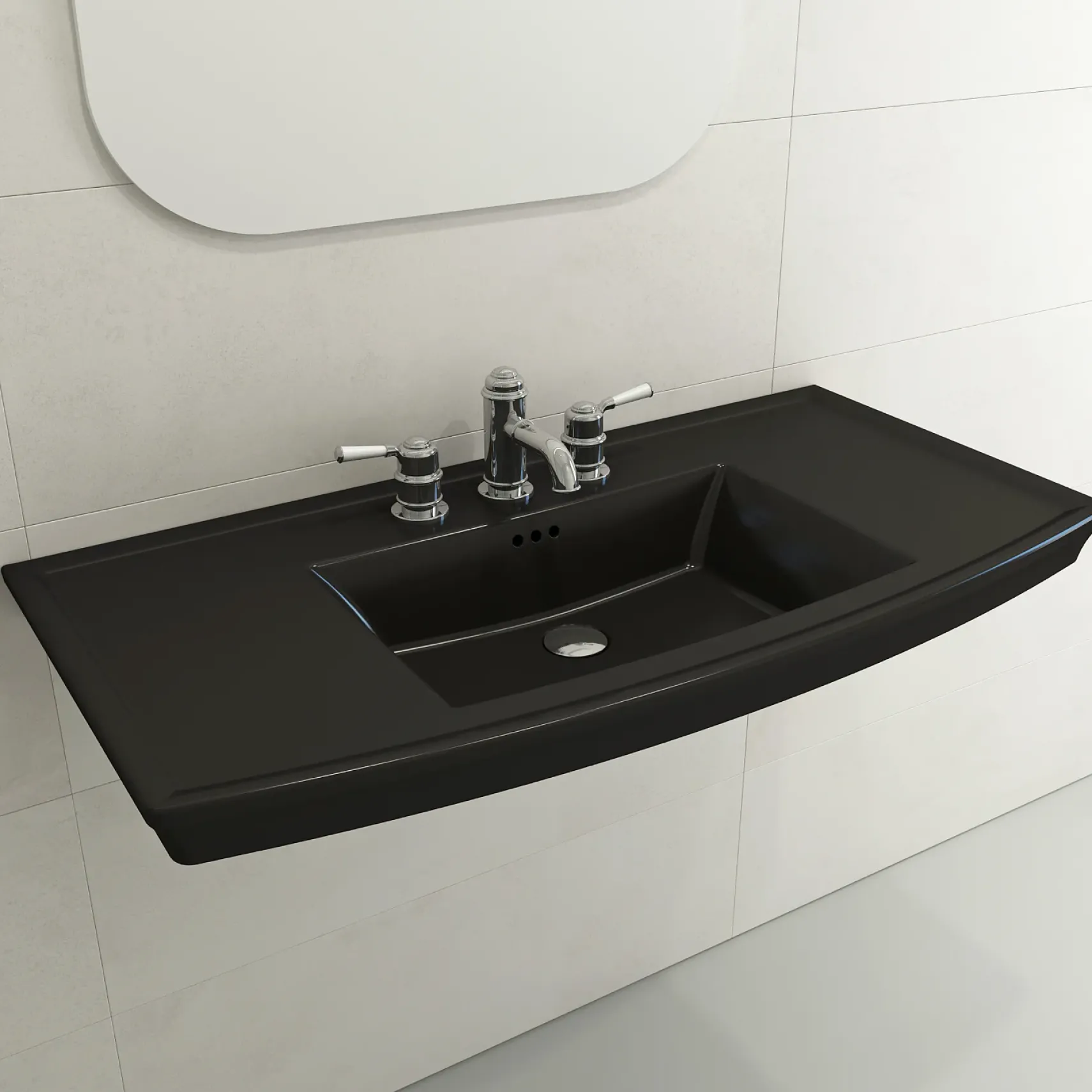 BOCCHI Lavita 40" Rectangle Wallmount Fireclay Bathroom Sink, Matte Black, 3 Faucet Hole, 1168-004-0127
