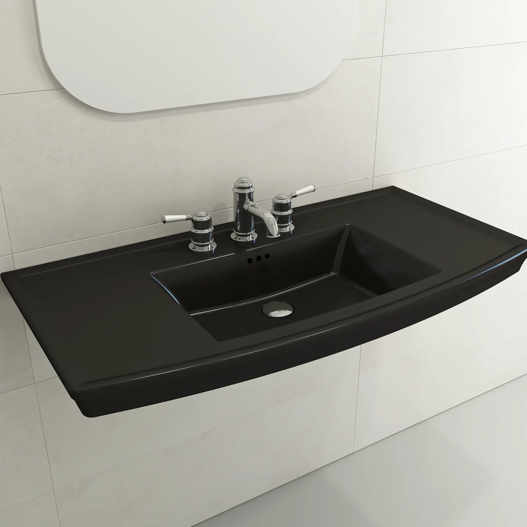 BOCCHI Lavita 40" Rectangle Wallmount Fireclay Bathroom Sink, Matte Black, 3 Faucet Hole, 1168-004-0127