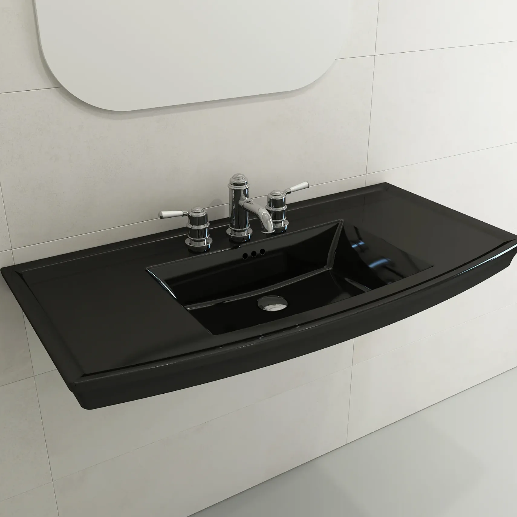BOCCHI Lavita 40" Rectangle Wallmount Fireclay Bathroom Sink, Black, 3 Faucet Hole, 1168-005-0127