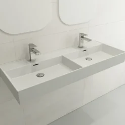 BOCCHI Milano 48" Rectangle Wallmount Fireclay Bathroom Sink, Double Basin, Matte White, Single Faucet Hole, 1393-002-0132