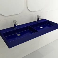 BOCCHI Milano 48" Rectangle Wallmount Fireclay Bathroom Sink, Double Basin, Sapphire Blue, Single Faucet Hole, 1393-010-0132