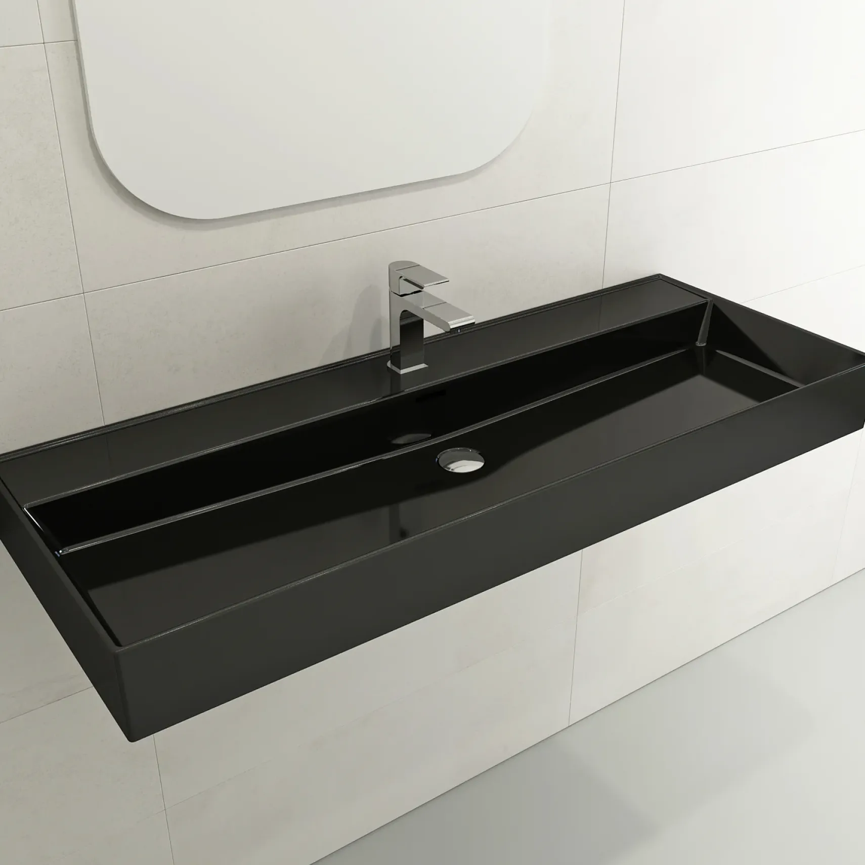 BOCCHI Milano 48" Rectangle Wallmount Fireclay Bathroom Sink, Black, Single Faucet Hole, 1394-005-0126