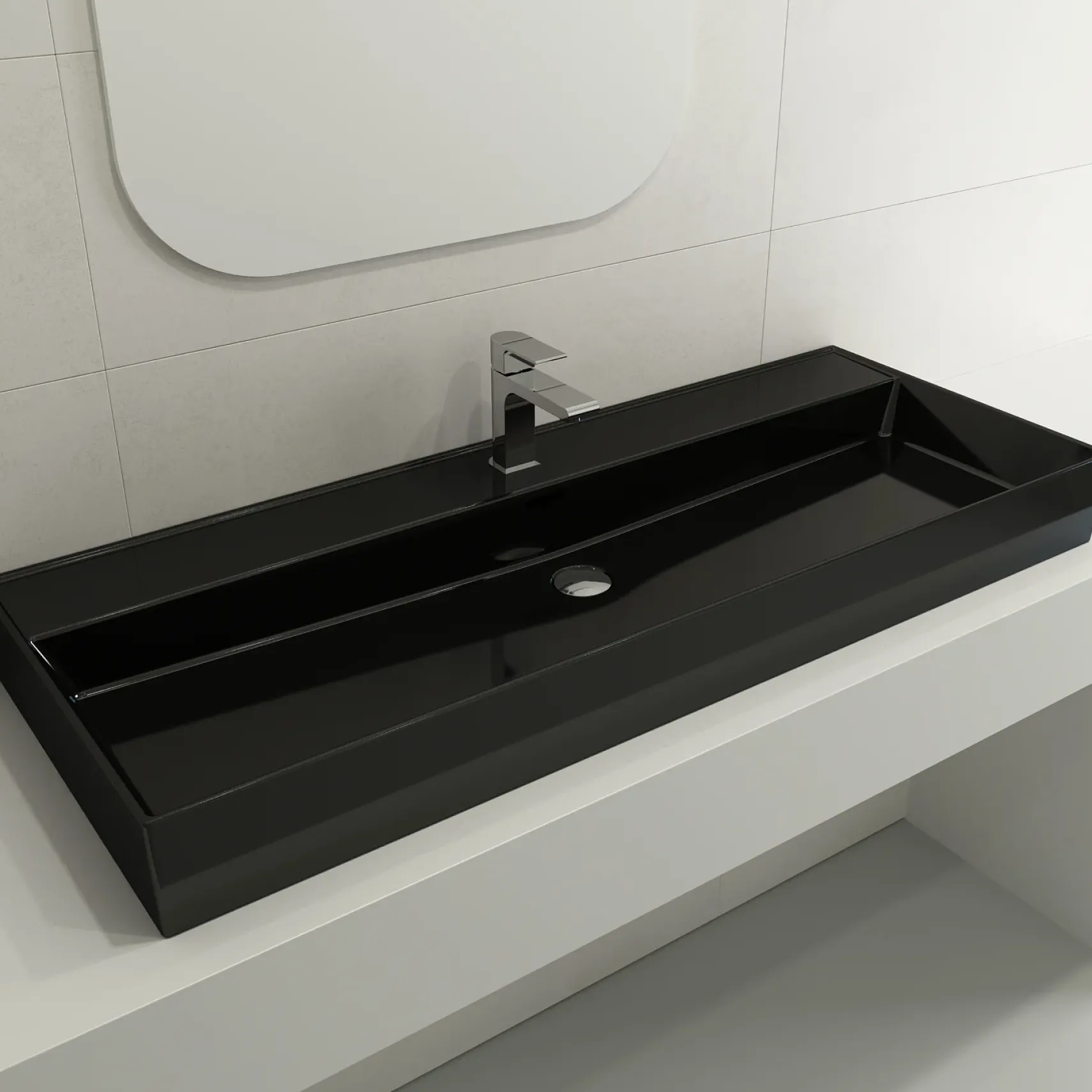 BOCCHI Milano 48" Rectangle Wallmount Fireclay Bathroom Sink, Black, Single Faucet Hole, 1394-005-0126