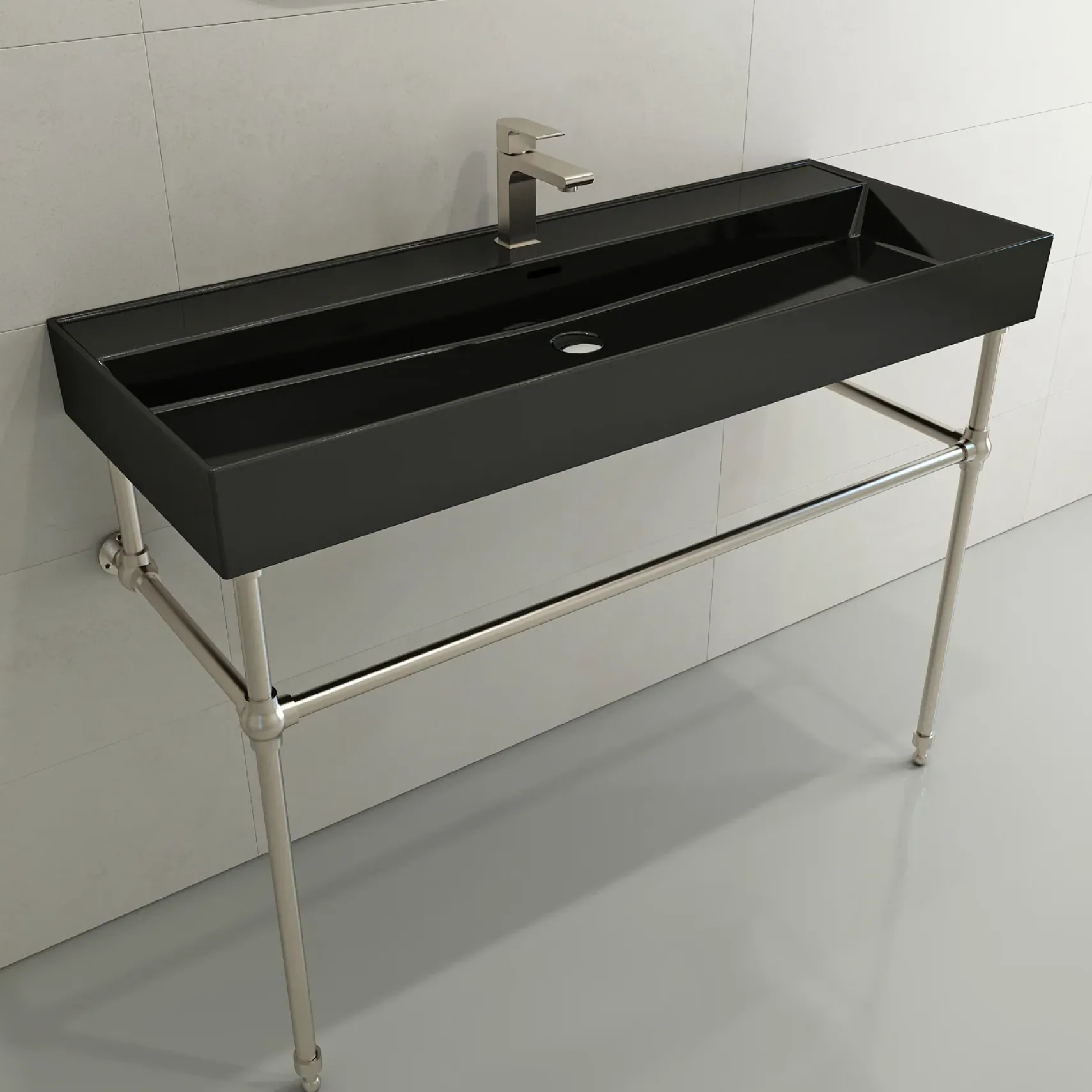 BOCCHI Milano 48" Rectangle Wallmount Fireclay Bathroom Sink, Black, Single Faucet Hole, 1394-005-0126