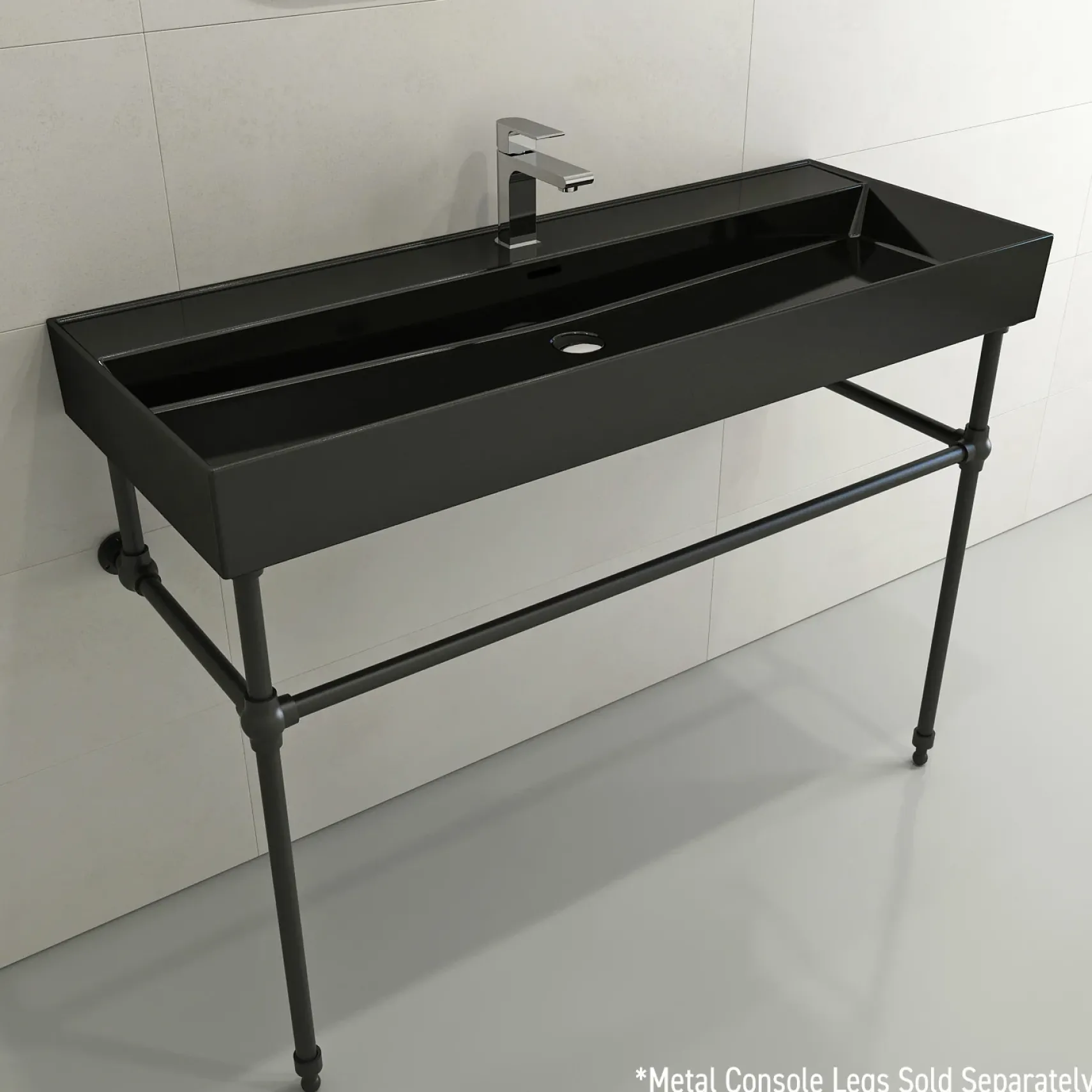 BOCCHI Milano 48" Rectangle Wallmount Fireclay Bathroom Sink, Black, Single Faucet Hole, 1394-005-0126
