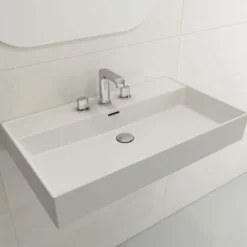 BOCCHI Milano 32" Rectangle Wallmount Fireclay Bathroom Sink, Matte White, 3 Faucet Hole, 1377-002-0127