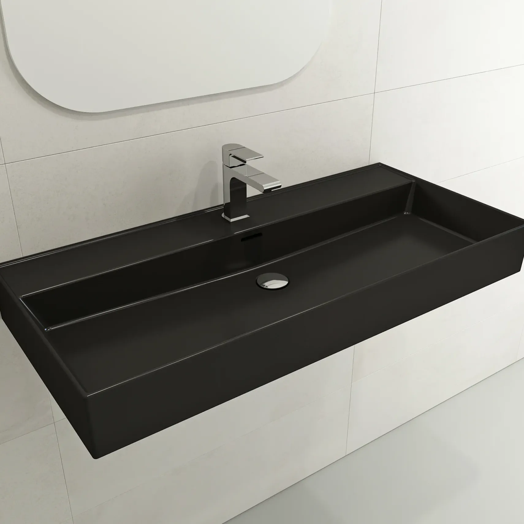 BOCCHI Milano 40" Rectangle Wallmount Fireclay Bathroom Sink, Matte Black, Single Faucet Hole, 1378-004-0126