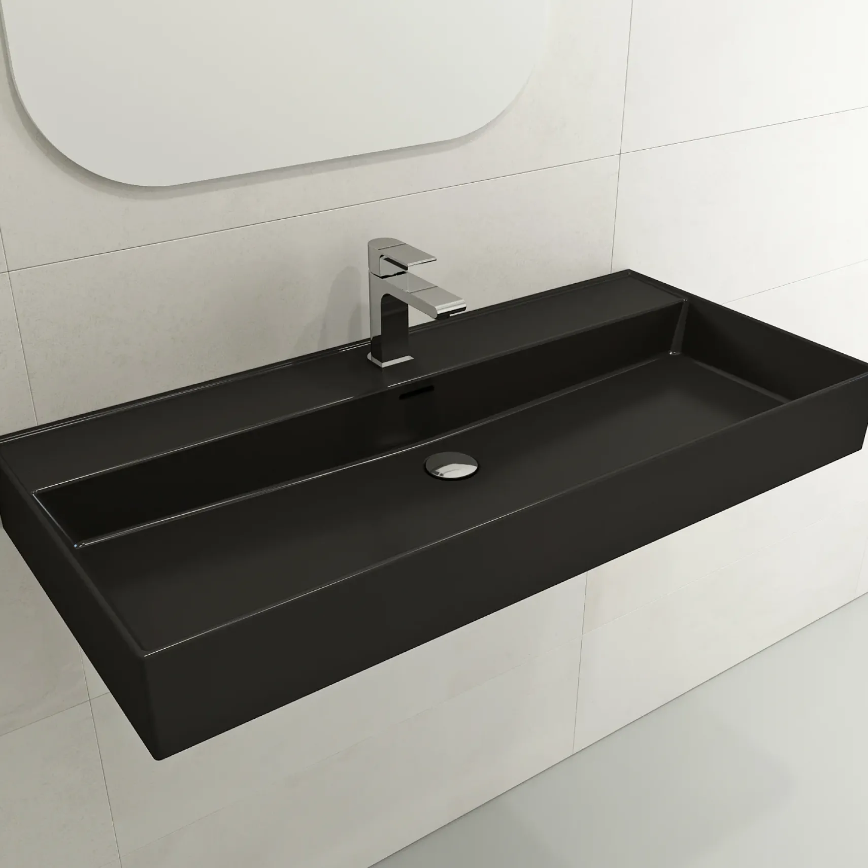 BOCCHI Milano 40" Rectangle Wallmount Fireclay Bathroom Sink, Matte Black, Single Faucet Hole, 1378-004-0126