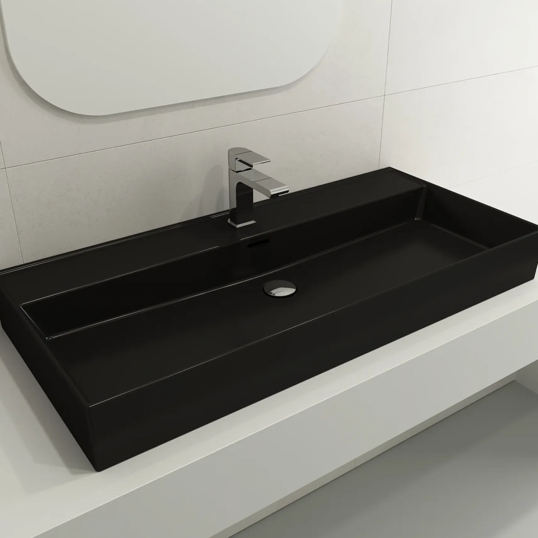 BOCCHI Milano 40" Rectangle Wallmount Fireclay Bathroom Sink, Matte Black, Single Faucet Hole, 1378-004-0126
