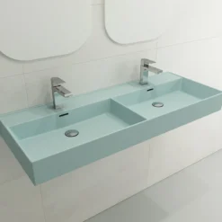BOCCHI Milano 48" Rectangle Wallmount Fireclay Bathroom Sink, Double Basin, Matte Ice Blue, Single Faucet Hole, 1393-029-0132