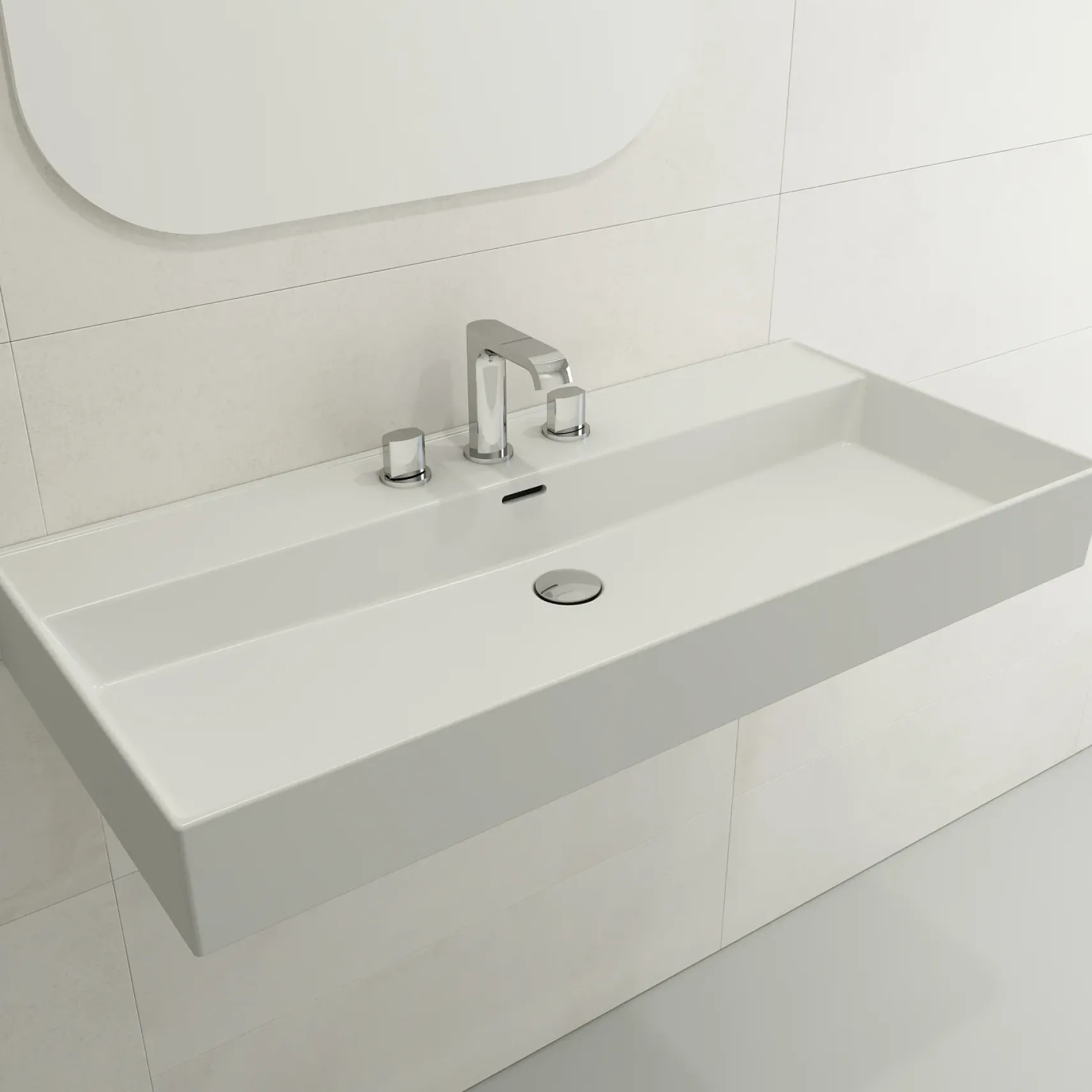 BOCCHI Milano 40" Rectangle Wallmount Fireclay Bathroom Sink, Matte White, 3 Faucet Hole, 1378-002-0127