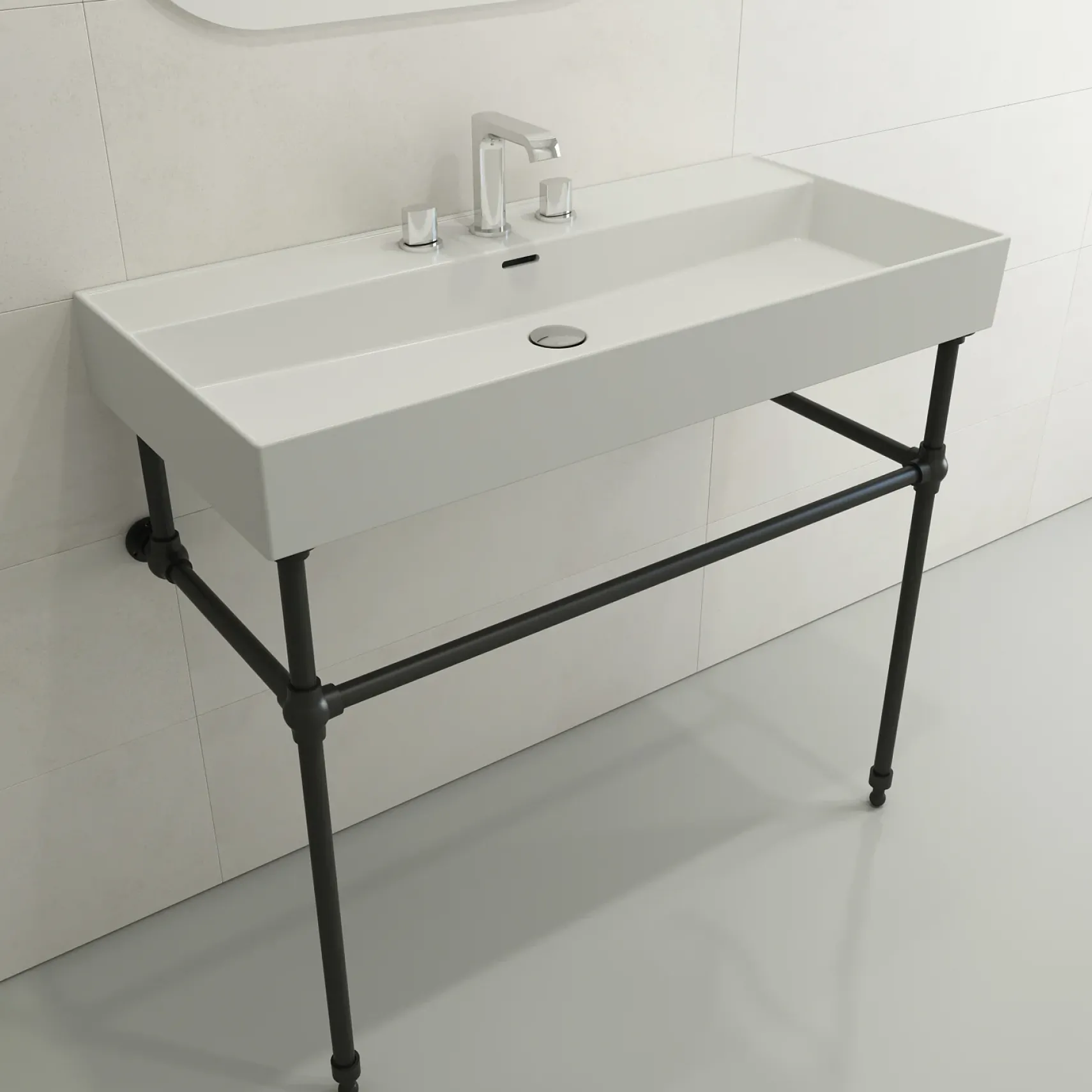 BOCCHI Milano 40" Rectangle Wallmount Fireclay Bathroom Sink, Matte White, 3 Faucet Hole, 1378-002-0127