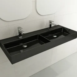BOCCHI Milano 48" Rectangle Wallmount Fireclay Bathroom Sink, Double Basin, Black, Single Faucet Hole, 1393-005-0132