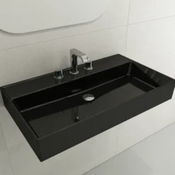 BOCCHI Milano 32" Rectangle Wallmount Fireclay Bathroom Sink, Black, 3 Faucet Hole, 1377-005-0127