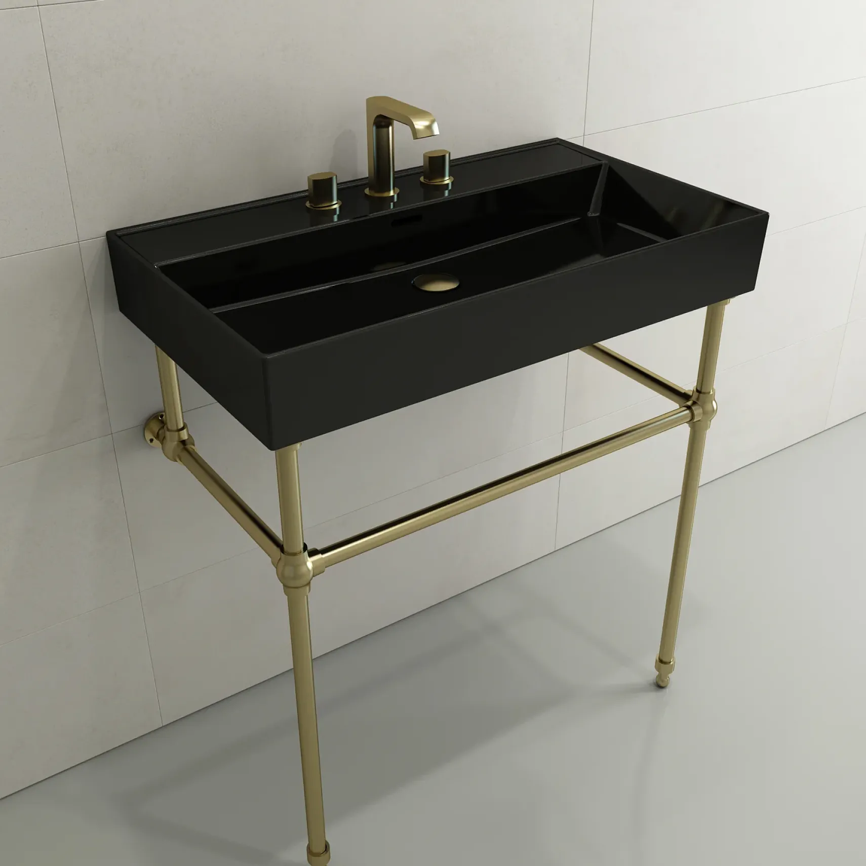 BOCCHI Milano 32" Rectangle Wallmount Fireclay Bathroom Sink, Black, 3 Faucet Hole, 1377-005-0127