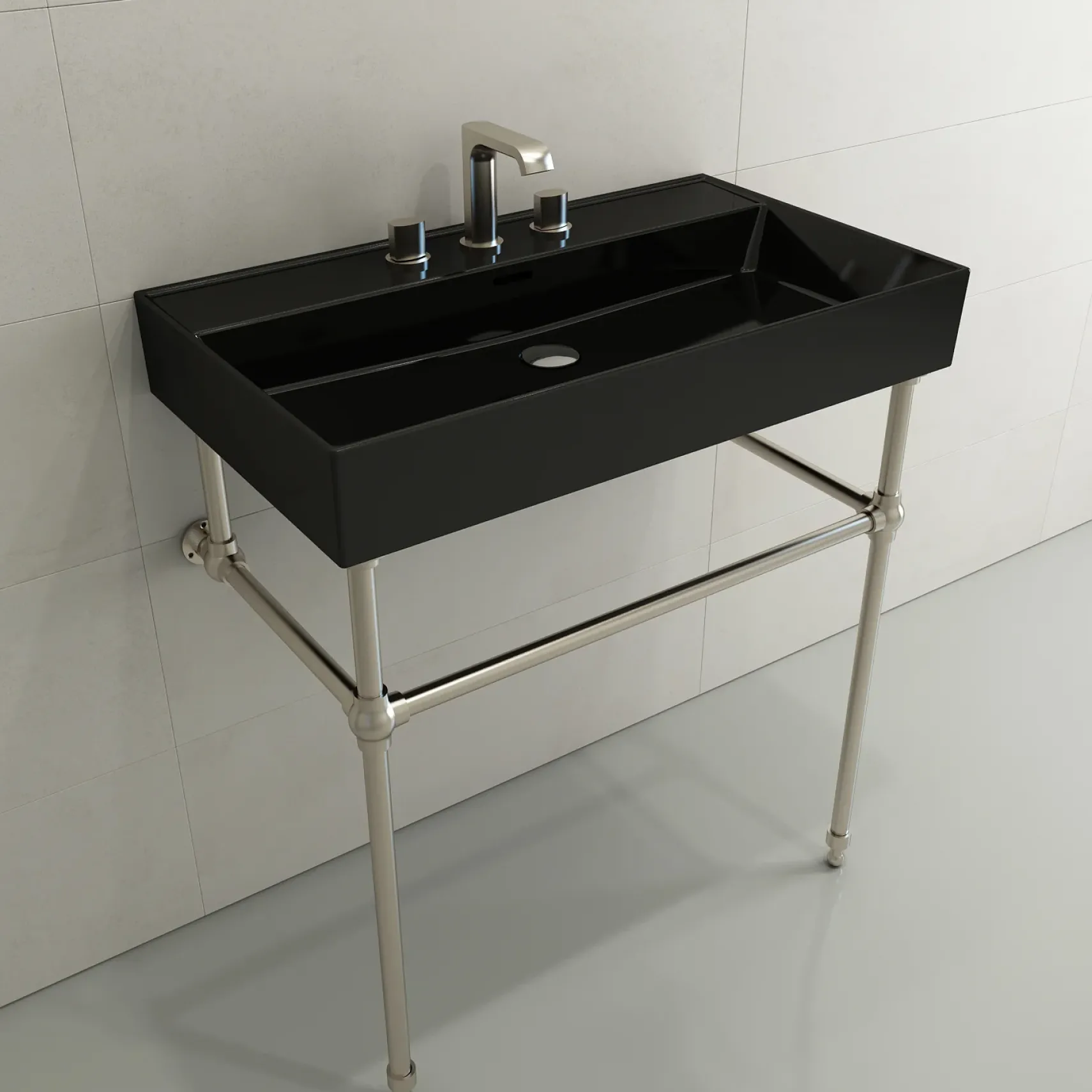 BOCCHI Milano 32" Rectangle Wallmount Fireclay Bathroom Sink, Black, 3 Faucet Hole, 1377-005-0127