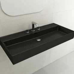 BOCCHI Milano 40" Rectangle Wallmount Fireclay Bathroom Sink, Matte Black, 3 Faucet Hole, 1378-004-0127