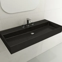 BOCCHI Milano 40" Rectangle Wallmount Fireclay Bathroom Sink, Matte Black, 3 Faucet Hole, 1378-004-0127