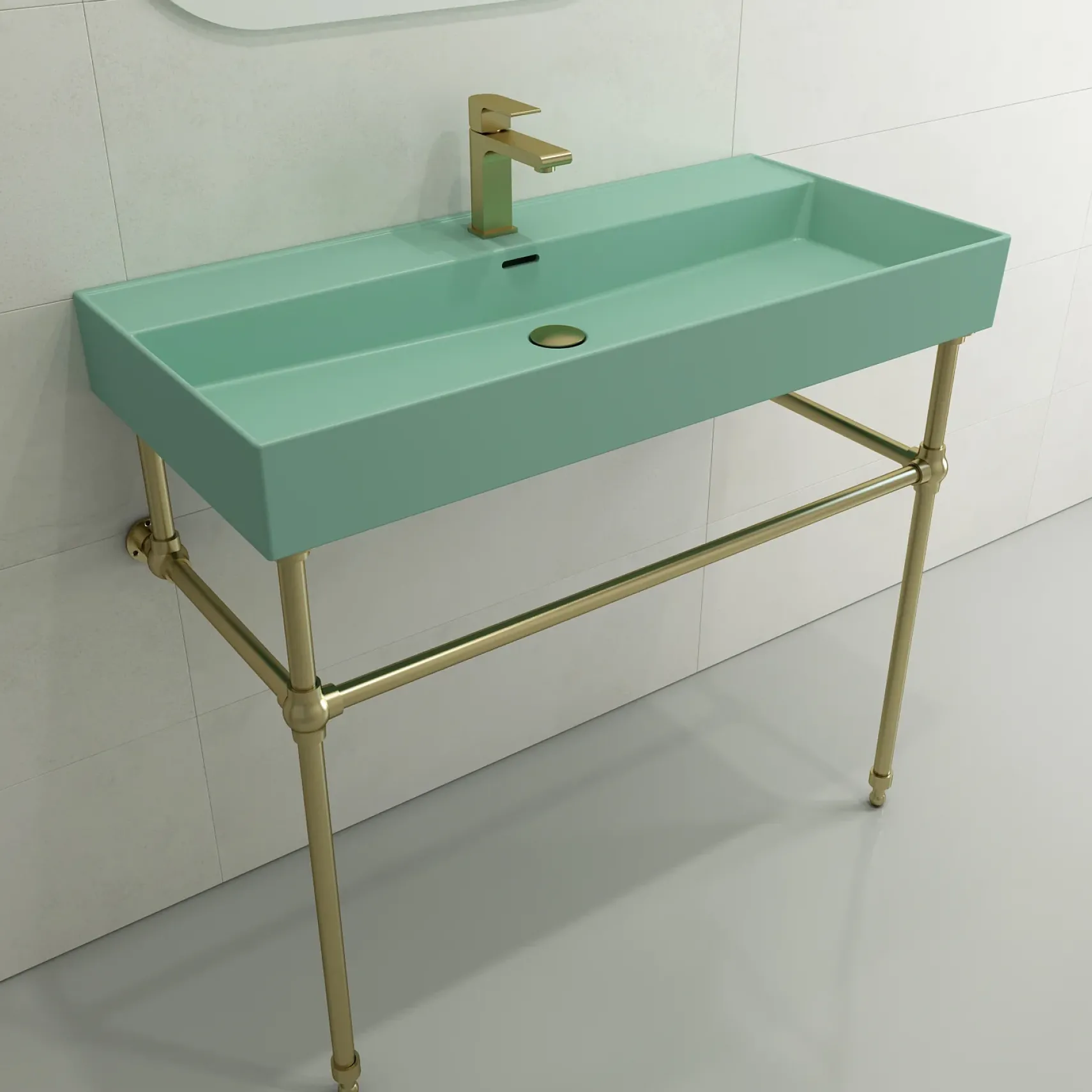 BOCCHI Milano 40" Rectangle Wallmount Fireclay Bathroom Sink, Matte Mint Green, Single Faucet Hole, 1378-033-0126