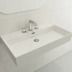 BOCCHI Milano 32" Rectangle Wallmount Fireclay Bathroom Sink, White, 3 Faucet Hole, 1377-001-0127