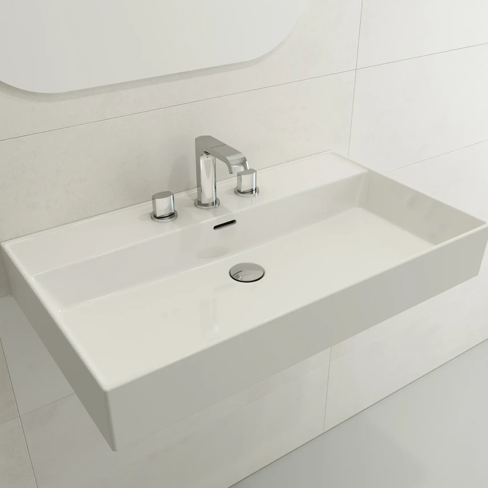 BOCCHI Milano 32" Rectangle Wallmount Fireclay Bathroom Sink, White, 3 Faucet Hole, 1377-001-0127