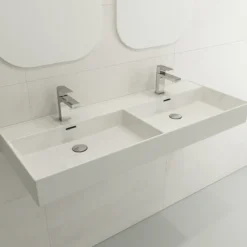 BOCCHI Milano 48" Rectangle Wallmount Fireclay Bathroom Sink, Double Basin, White, Single Faucet Hole, 1393-001-0132