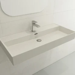 BOCCHI Milano 40" Rectangle Wallmount Fireclay Bathroom Sink, Biscuit, Single Faucet Hole, 1378-014-0126