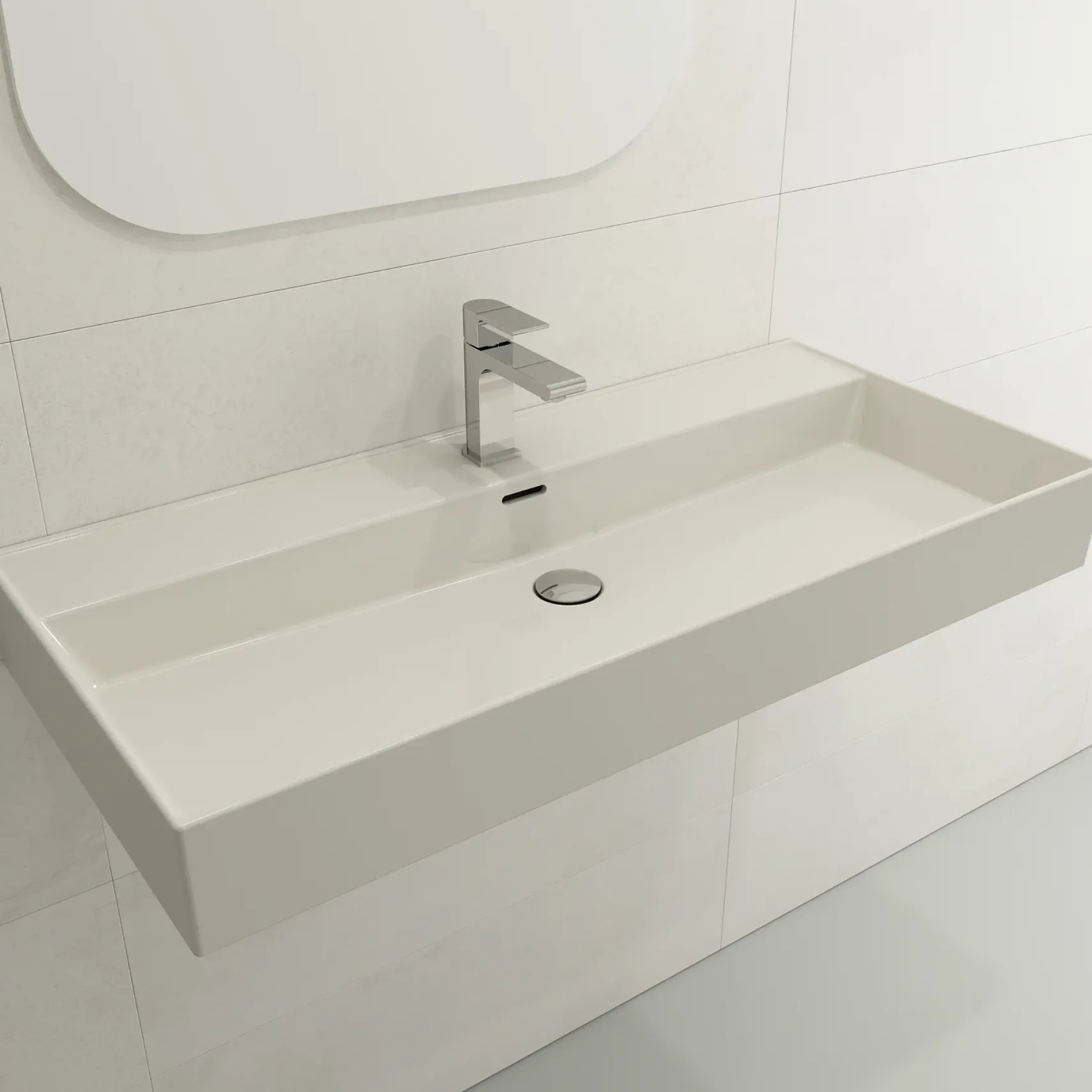 BOCCHI Milano 40" Rectangle Wallmount Fireclay Bathroom Sink, Biscuit, Single Faucet Hole, 1378-014-0126