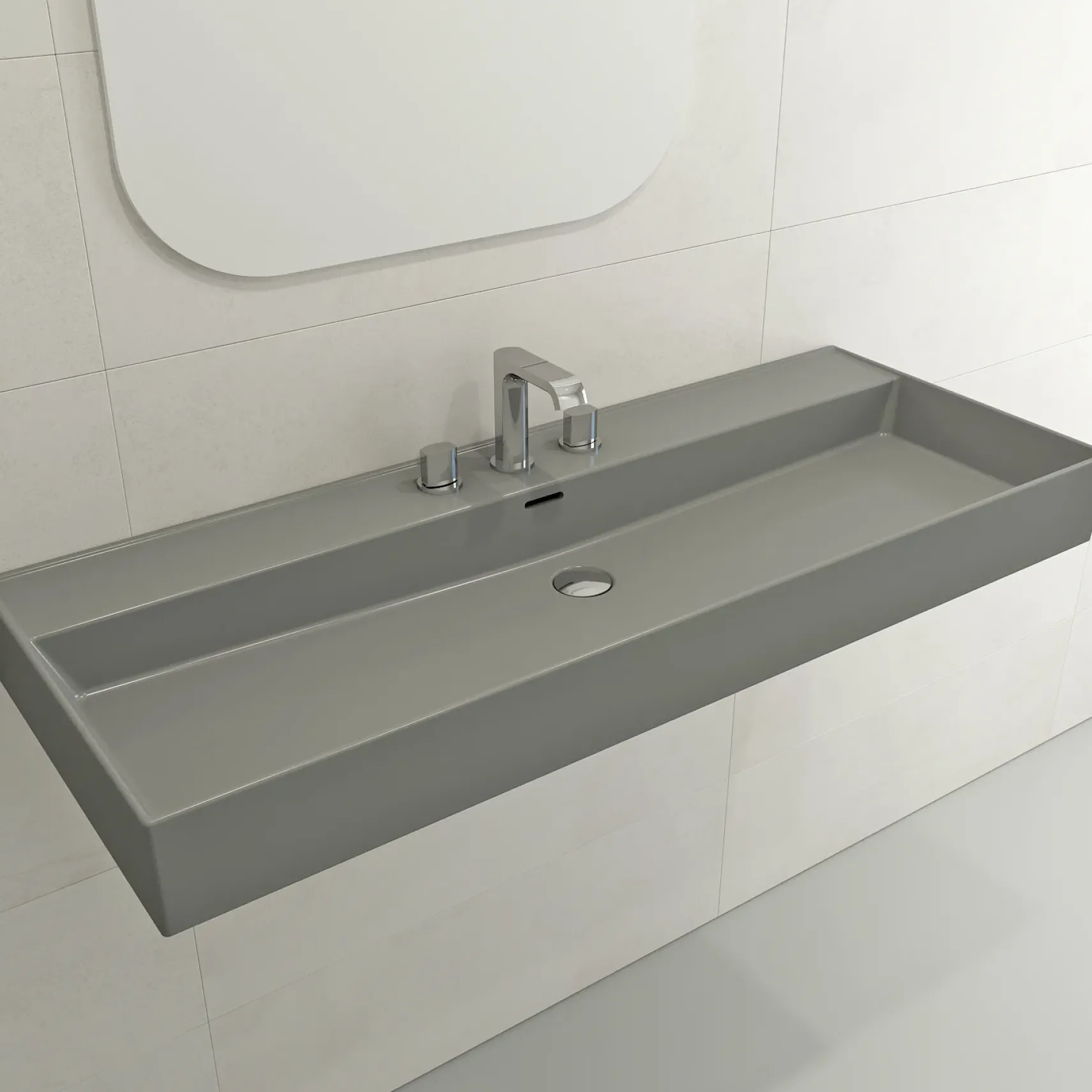 BOCCHI Milano 48" Rectangle Wallmount Fireclay Bathroom Sink, Matte Gray, 3 Faucet Hole, 1394-006-0127