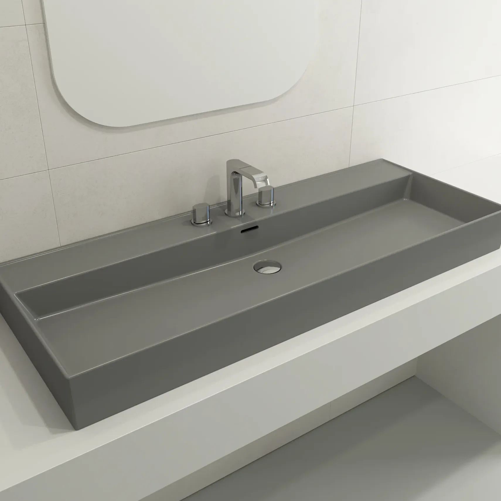 BOCCHI Milano 48" Rectangle Wallmount Fireclay Bathroom Sink, Matte Gray, 3 Faucet Hole, 1394-006-0127