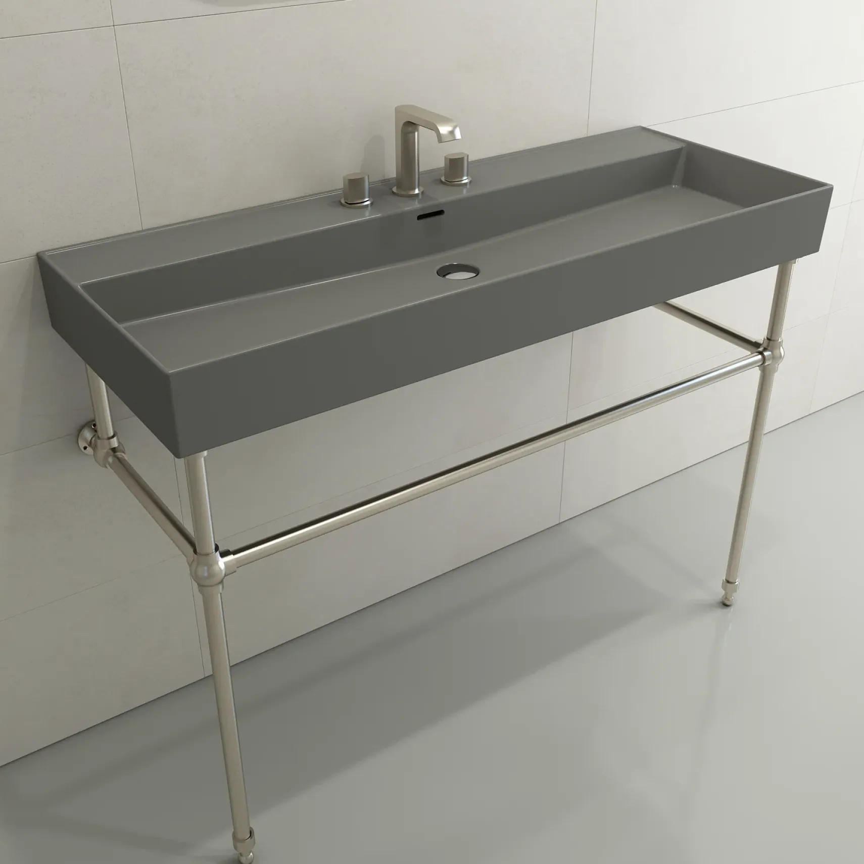 BOCCHI Milano 48" Rectangle Wallmount Fireclay Bathroom Sink, Matte Gray, 3 Faucet Hole, 1394-006-0127