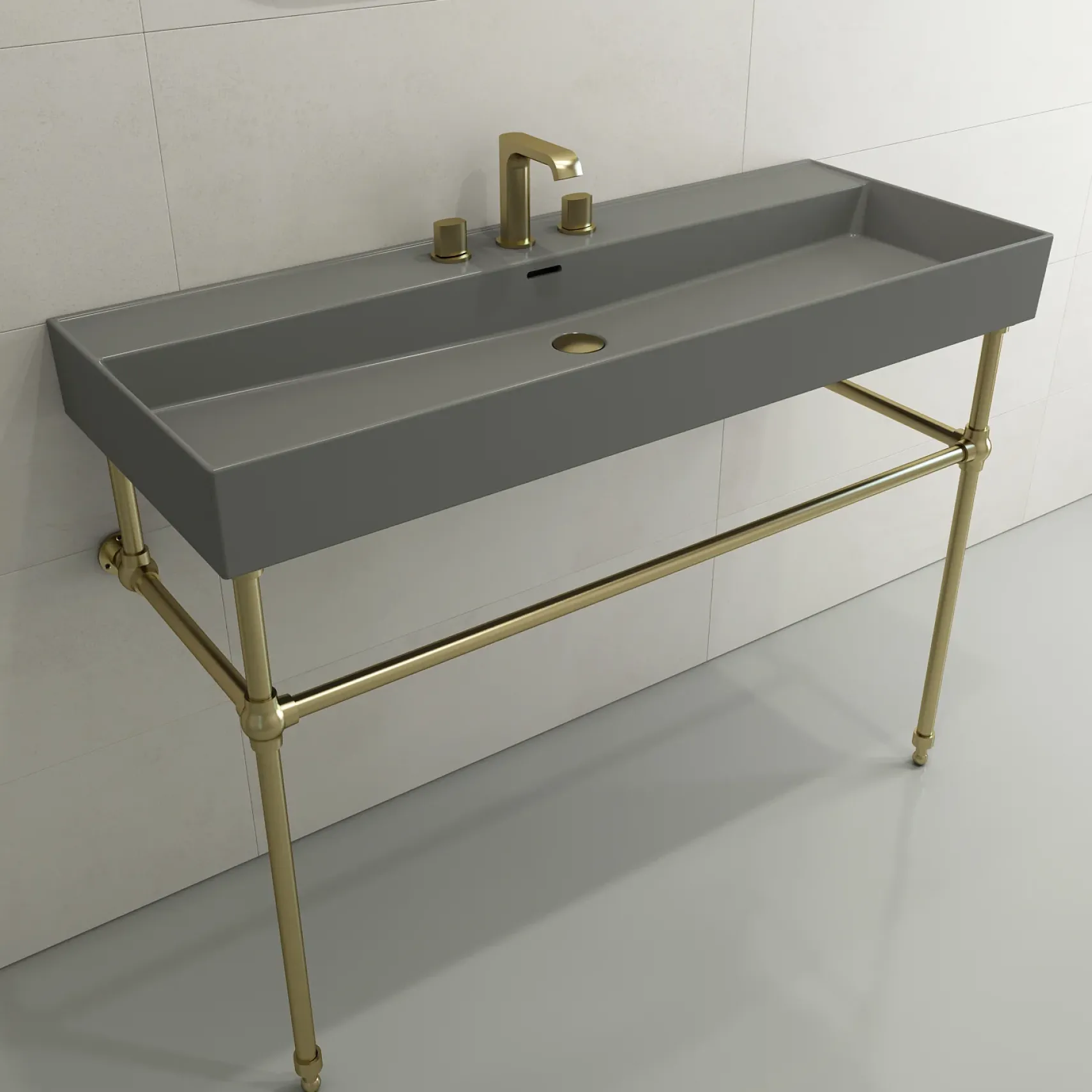 BOCCHI Milano 48" Rectangle Wallmount Fireclay Bathroom Sink, Matte Gray, 3 Faucet Hole, 1394-006-0127