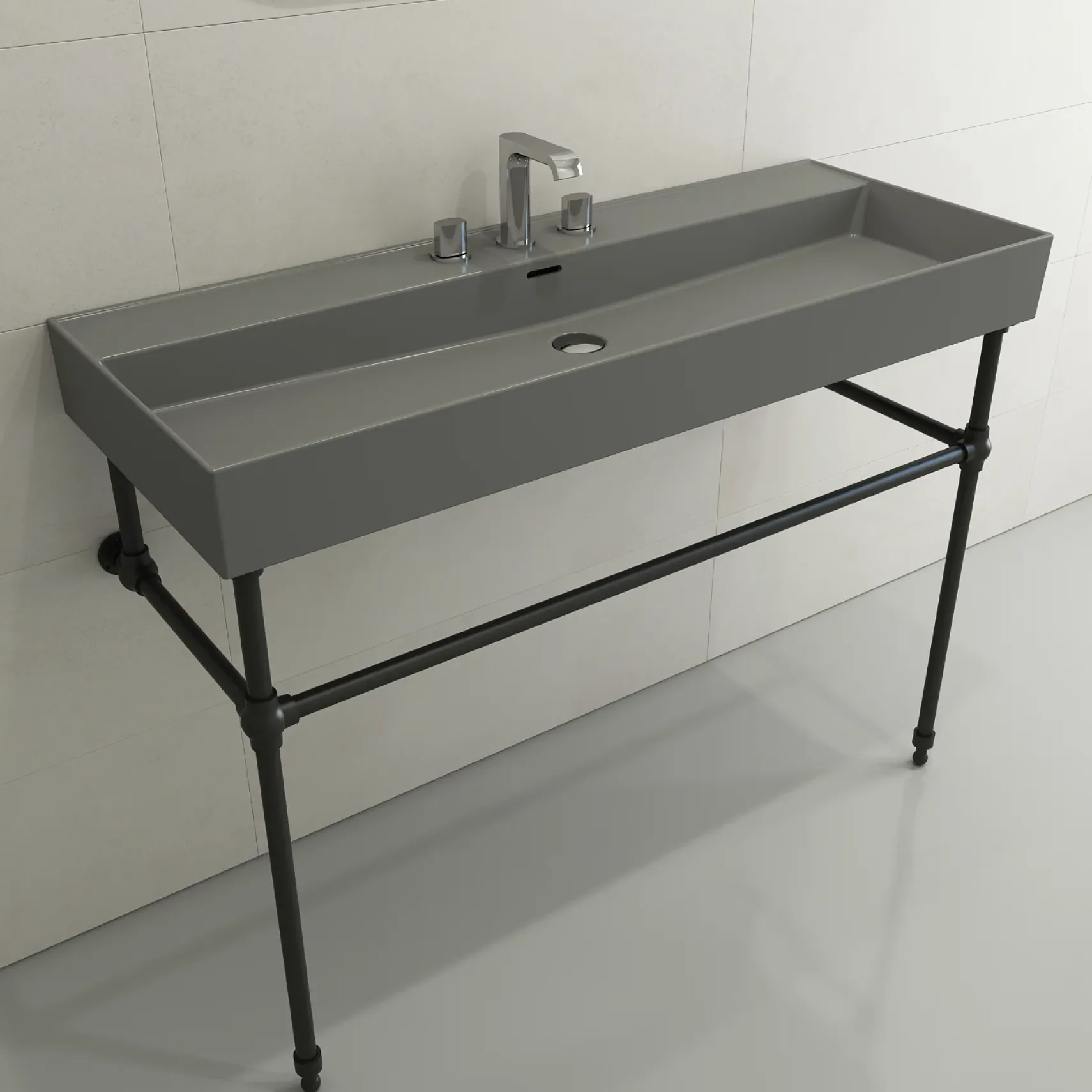 BOCCHI Milano 48" Rectangle Wallmount Fireclay Bathroom Sink, Matte Gray, 3 Faucet Hole, 1394-006-0127