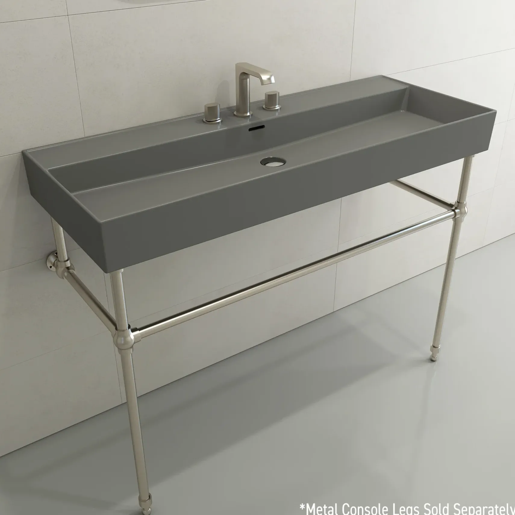 BOCCHI Milano 48" Rectangle Wallmount Fireclay Bathroom Sink, Matte Gray, 3 Faucet Hole, 1394-006-0127
