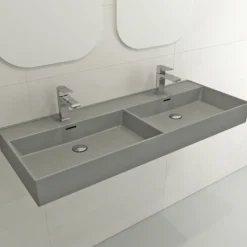 BOCCHI Milano 48" Rectangle Wallmount Fireclay Bathroom Sink, Double Basin, Matte Gray, Single Faucet Hole, 1393-006-0132