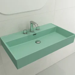 BOCCHI Milano 32" Rectangle Wallmount Fireclay Bathroom Sink, Matte Mint Green, 3 Faucet Hole, 1377-033-0127