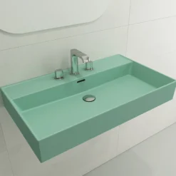 BOCCHI Milano 32" Rectangle Wallmount Fireclay Bathroom Sink, Matte Mint Green, 3 Faucet Hole, 1377-033-0127