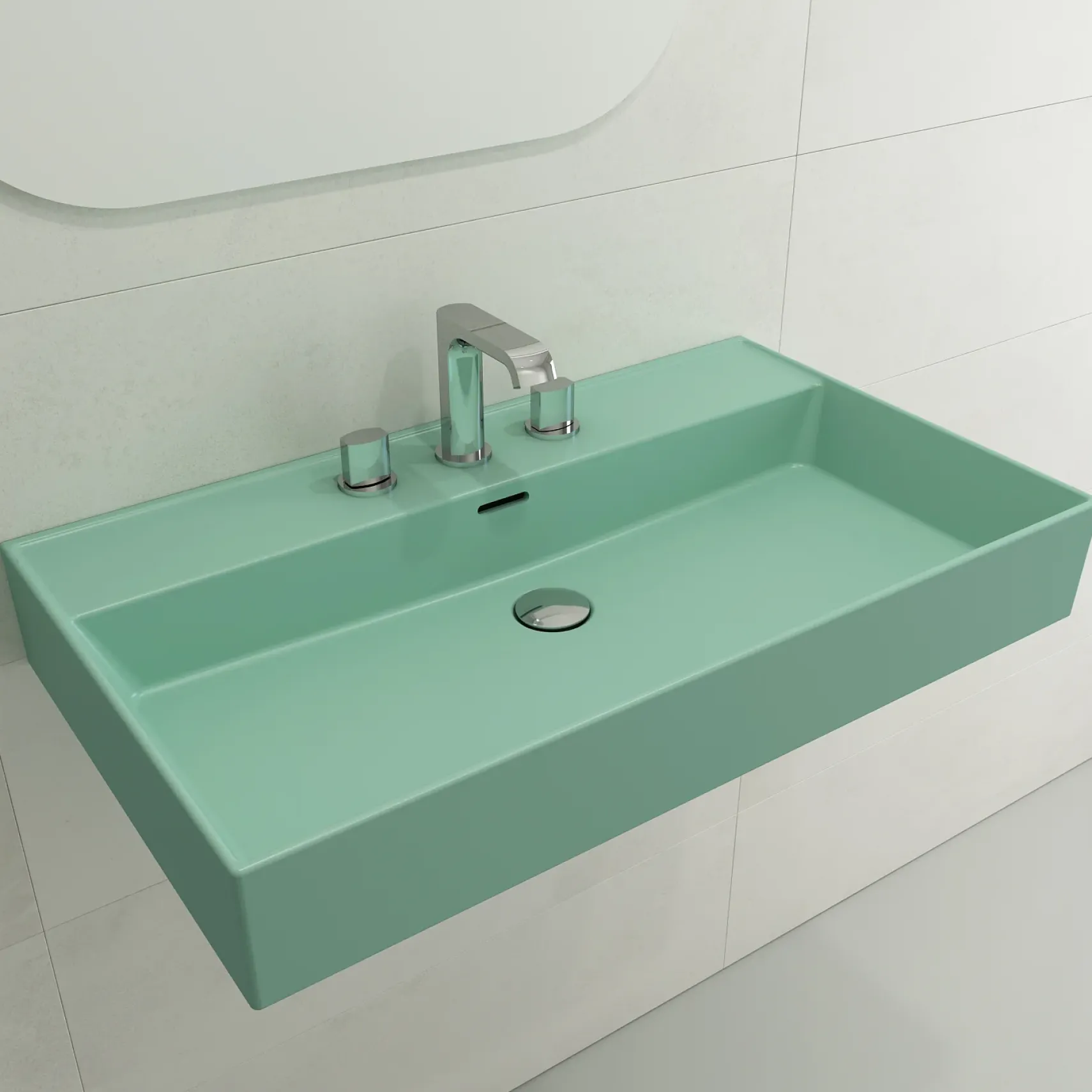 BOCCHI Milano 32" Rectangle Wallmount Fireclay Bathroom Sink, Matte Mint Green, 3 Faucet Hole, 1377-033-0127