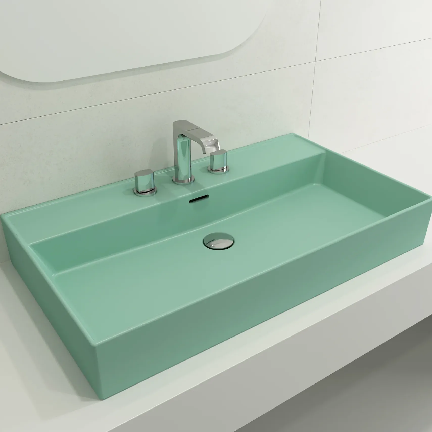 BOCCHI Milano 32" Rectangle Wallmount Fireclay Bathroom Sink, Matte Mint Green, 3 Faucet Hole, 1377-033-0127