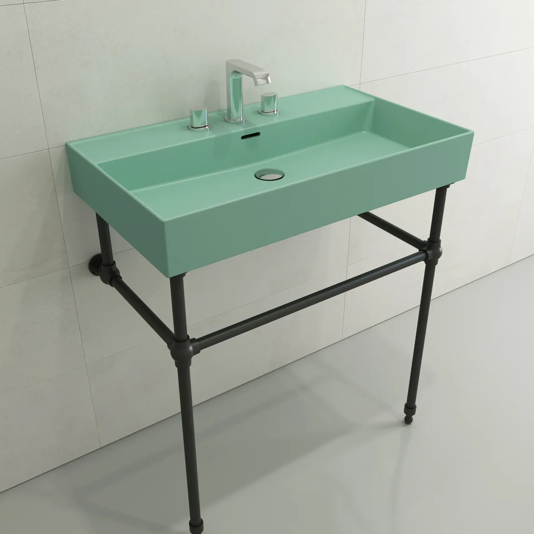BOCCHI Milano 32" Rectangle Wallmount Fireclay Bathroom Sink, Matte Mint Green, 3 Faucet Hole, 1377-033-0127