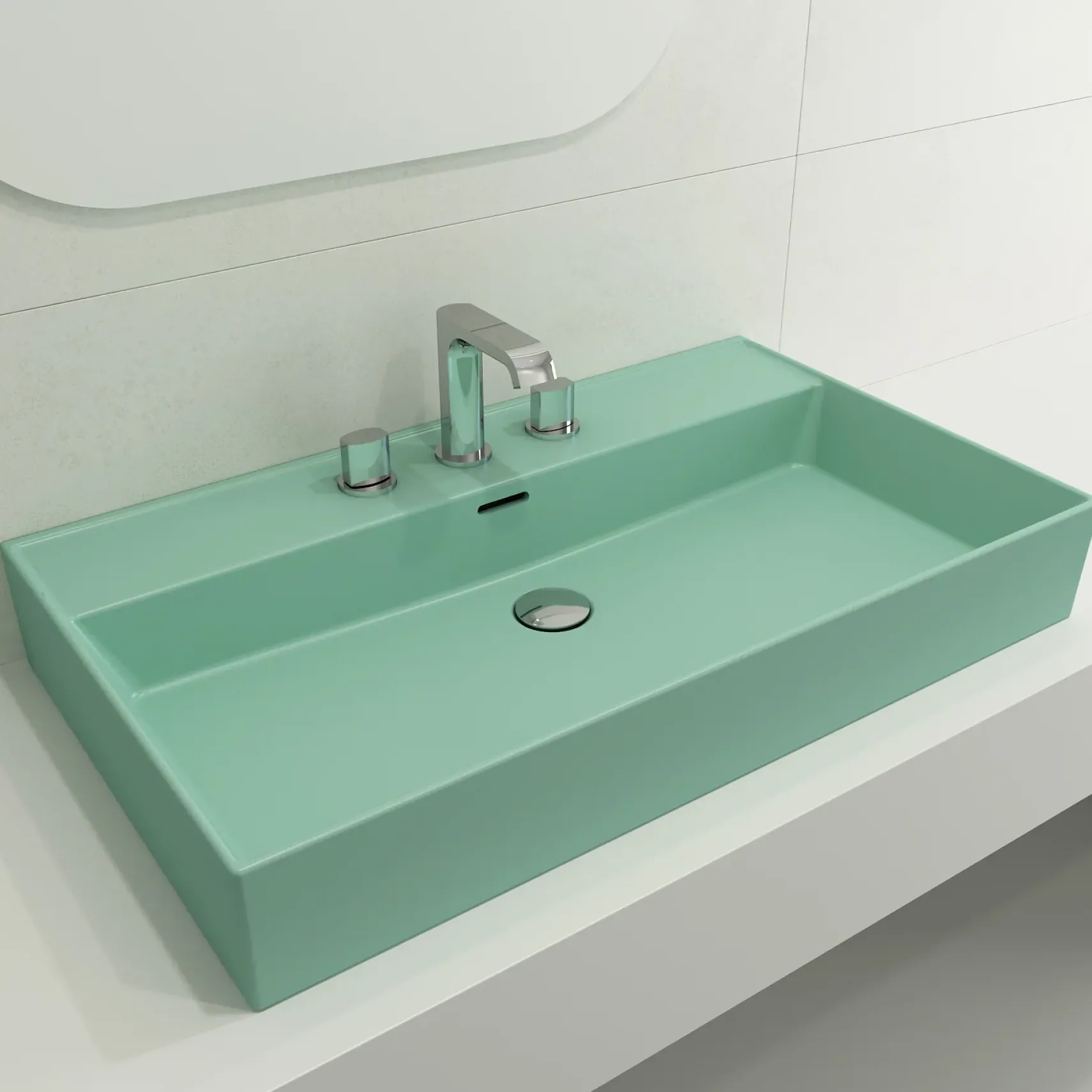 BOCCHI Milano 32" Rectangle Wallmount Fireclay Bathroom Sink, Matte Mint Green, 3 Faucet Hole, 1377-033-0127