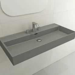 BOCCHI Milano 40" Rectangle Wallmount Fireclay Bathroom Sink, Matte Gray, 3 Faucet Hole, 1378-006-0127