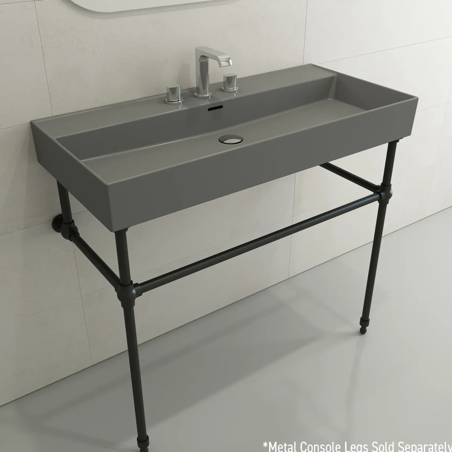 BOCCHI Milano 40" Rectangle Wallmount Fireclay Bathroom Sink, Matte Gray, 3 Faucet Hole, 1378-006-0127