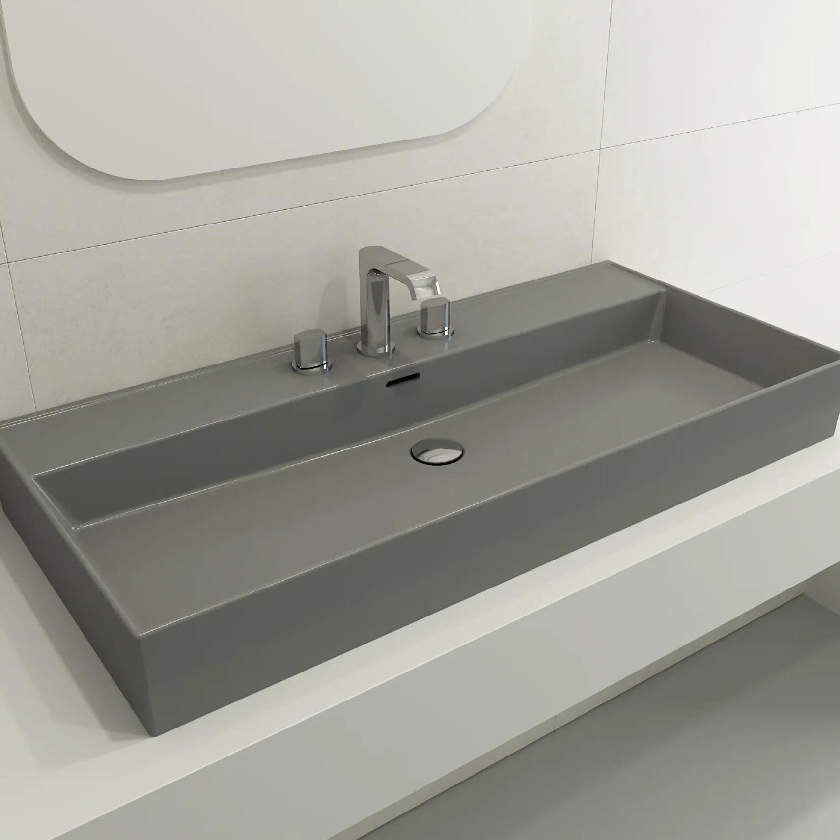 BOCCHI Milano 40" Rectangle Wallmount Fireclay Bathroom Sink, Matte Gray, 3 Faucet Hole, 1378-006-0127