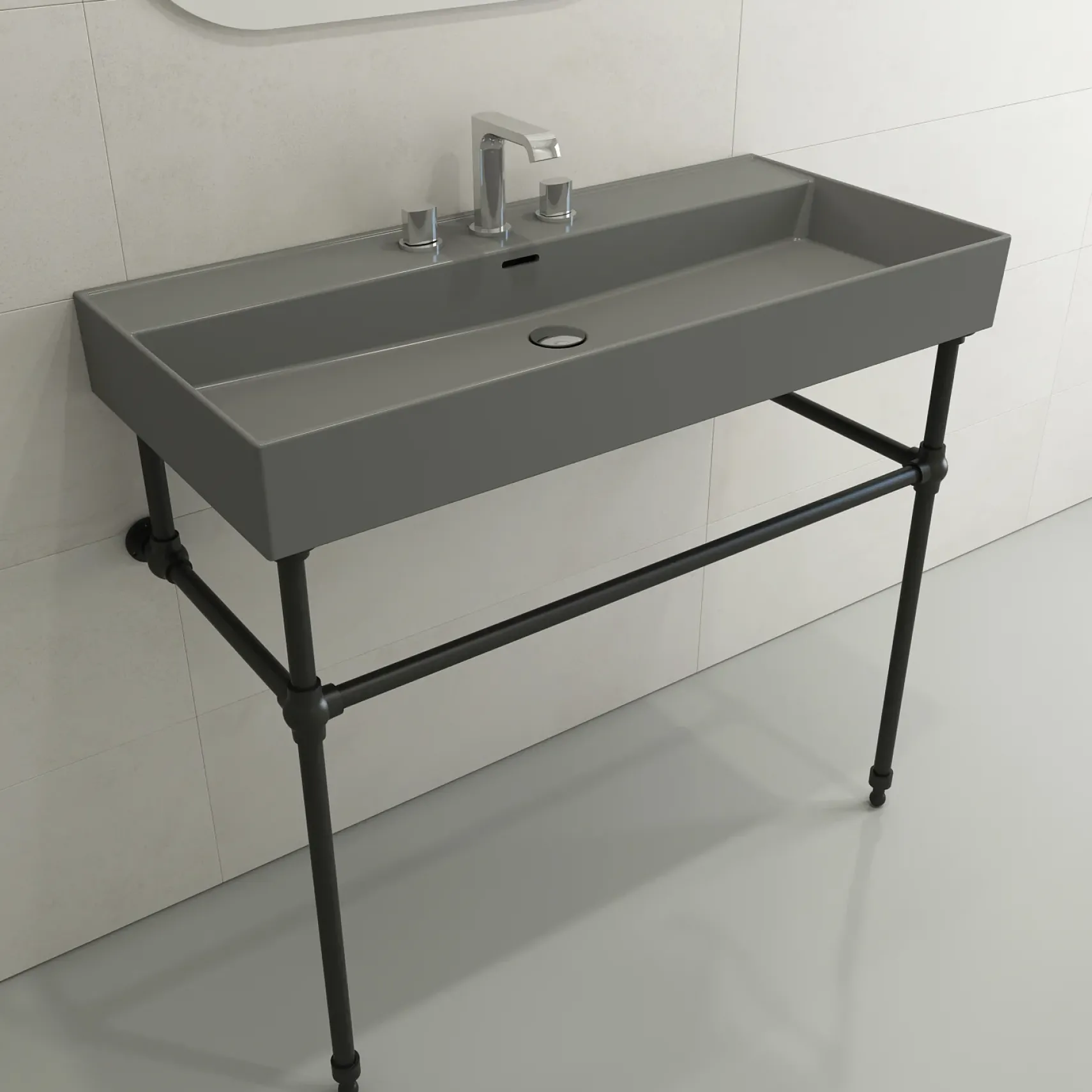 BOCCHI Milano 40" Rectangle Wallmount Fireclay Bathroom Sink, Matte Gray, 3 Faucet Hole, 1378-006-0127