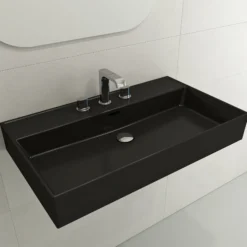 BOCCHI Milano 32" Rectangle Wallmount Fireclay Bathroom Sink, Matte Black, 3 Faucet Hole, 1377-004-0127