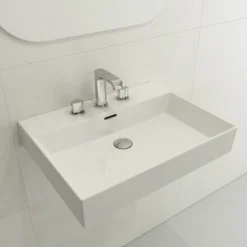 BOCCHI Milano 24" Rectangle Wallmount Fireclay Bathroom Sink, White, 3 Faucet Hole, 1376-001-0127