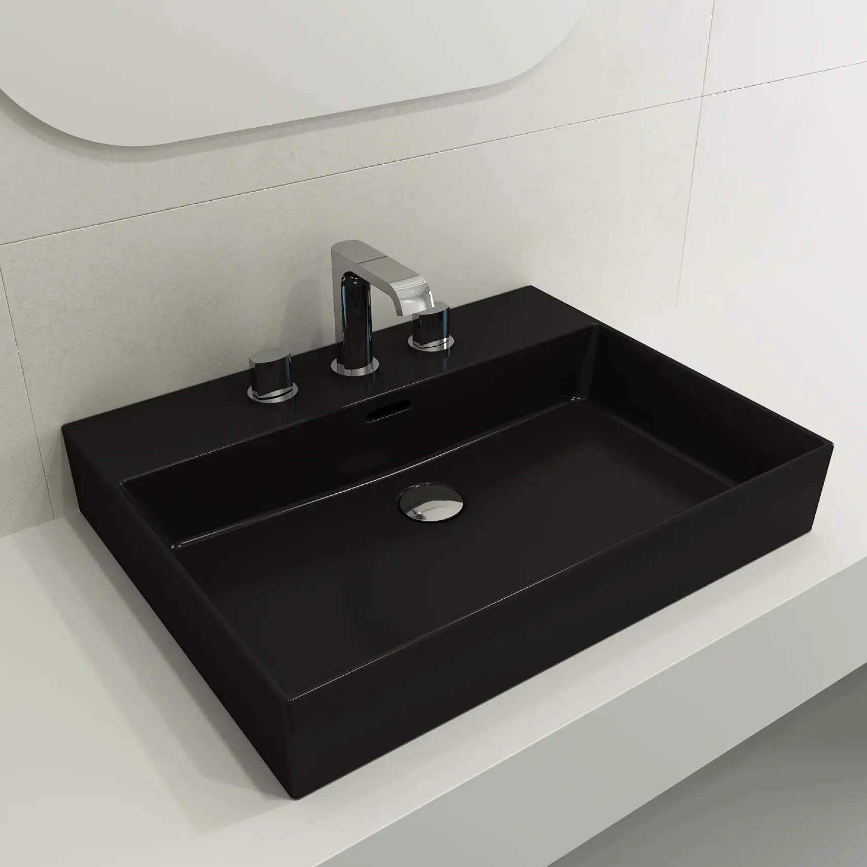 BOCCHI Milano 24" Rectangle Wallmount Fireclay Bathroom Sink, Matte Black, 3 Faucet Hole, 1376-004-0127